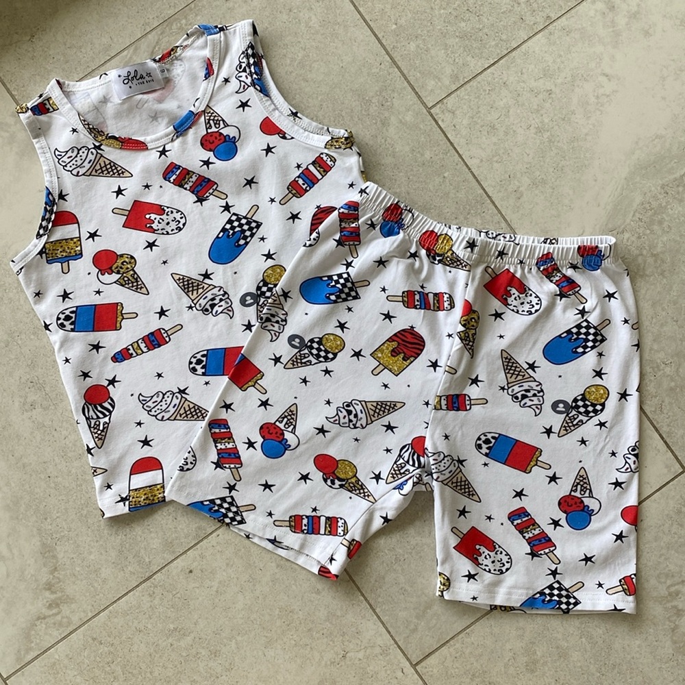 Lola + The Boys White Tank & Shorts Ice Cream Print Set - Red, Blue, Gold
